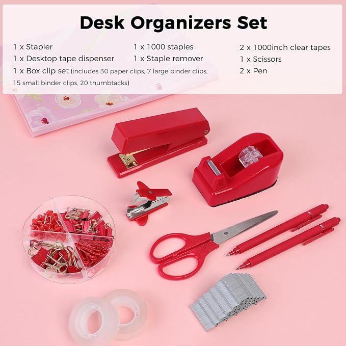SKYDUE Red Office Supplies Set, Desk Accessories, Tape Dispenser, Binder/Paper - Image 6