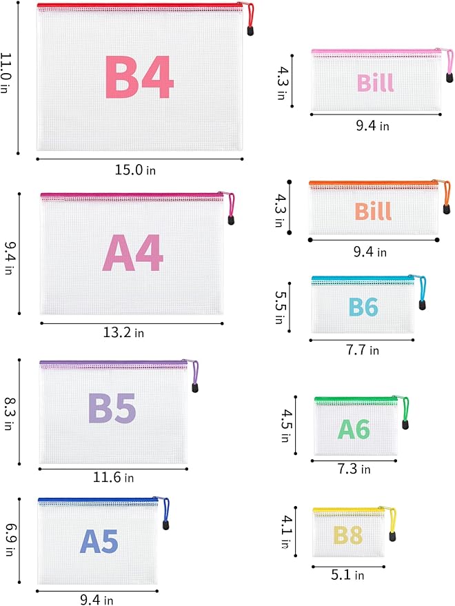 JARLINK 30 Pack 8 Sizes Mesh Pouch, 9 Colors, Waterproof Zipper File Bags - Image 2