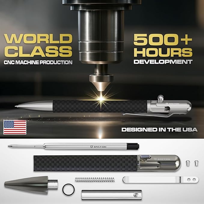 BASTION® Luxury Slim Bolt Action Pen, EDC Pen with Fine Tip, Professional Ballpoint Pen for School and Work - Carbon Fiber-Stainless Steel-DeskLoop Office