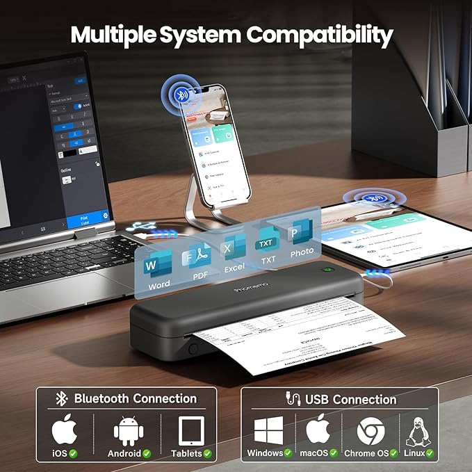 Phomemo M834 Portable Printer Wireless for Travel, Bluetooth Thermal Printer 8.5" x 11"&A4, Compatible with iOS,Android & PC,Inkless Mobile Printers for Travel,Office,School,Home,Gray-DeskLoop Office