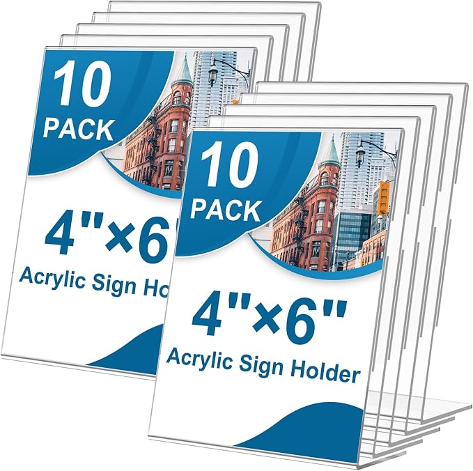 10 Pack Acrylic Sign Holder 4 x 6, L-Shape Clear Plastic Display Stand by Seencool