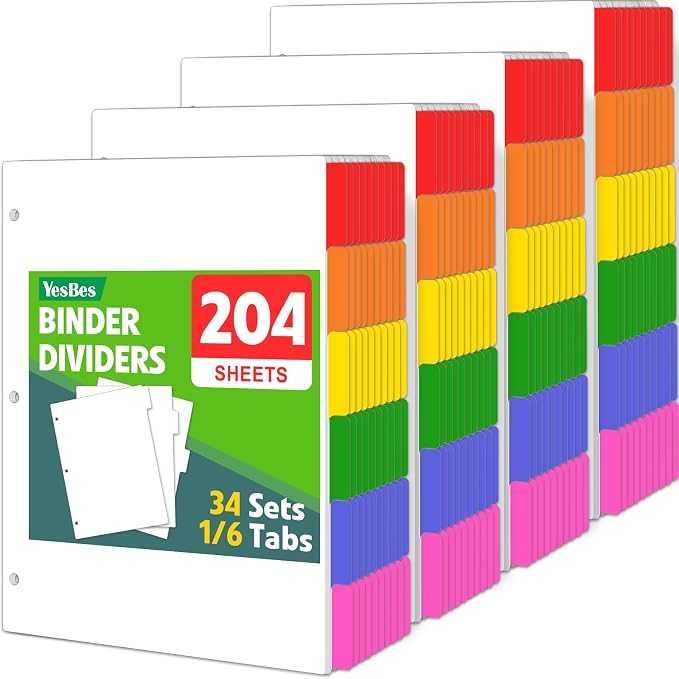 204 Pcs Binder Dividers with Multicolor Tabs, 1/6 Cut Tabs, Dividers by YesBes