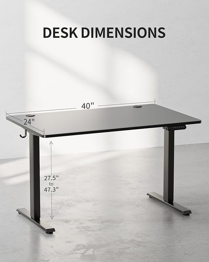 FEZIBO One-Piece Standing Desk Adjustable Height Stand up Home Office Desk, 48x24 Inch Electric Standing Computer Desk, with 4 Memory Presets, Fixable casters, Black-DeskLoop Office