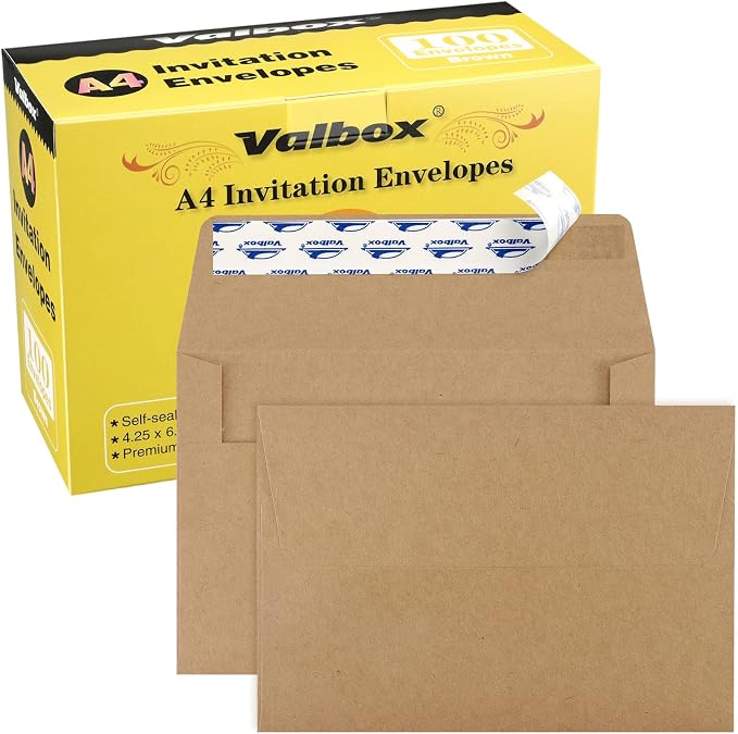 ValBox A4 Photo Envelopes 100 Qty 4 x 6 Brown Kraft Paper Envelopes Self Seal by ValBox