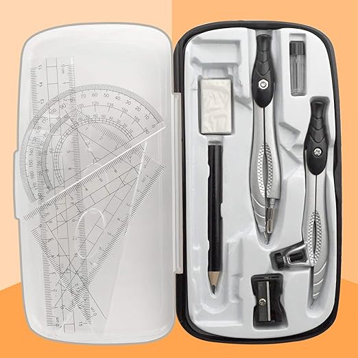 Professional Geometry Compass Set, Starter Compass Set Includes 2 Drafting Compasses, Protractor, 2 Set Squares, Ruler in Storage Box, Back-to-School Math Supplies for Students, Black-DeskLoop Office