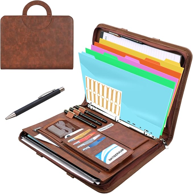 Padfolio Portfolio Binder with Handle, 3-Ring Folder Organizer, Vegan Leather by NATISERAUM