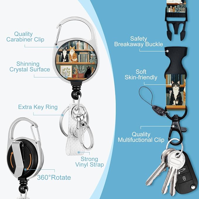Book Cat Teacher Lanyards for ID Badges, Badge Holder Retractable Reel Clip | - Image 5