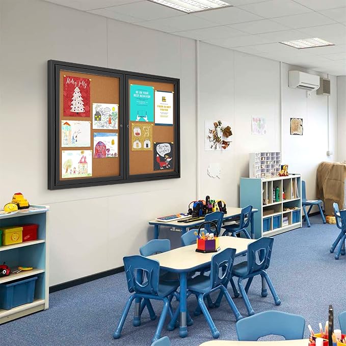 Enclosed Bulletin Board Outdoor Noticeboard with Locking Door, Weather-Resistant, Cork, Black Aluminum Frame, 48 x 34 in-DeskLoop Office
