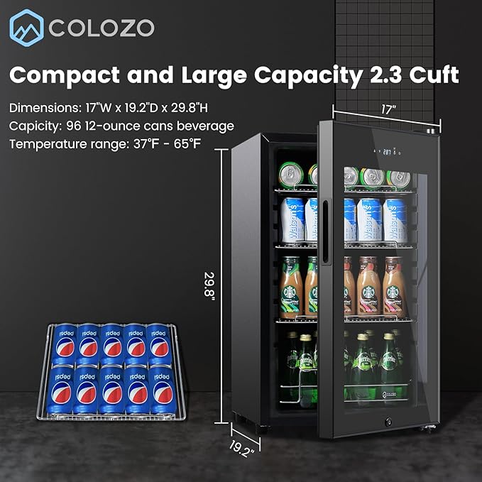 17 Inch Black Beverage Refrigerator Cooler, 96 Cans Mini Fridge with Glass Door&Lock, Beer Fridge for Soda Water or Wine, Drink Refrigerator for Home Office Bar Bedroom-DeskLoop Office