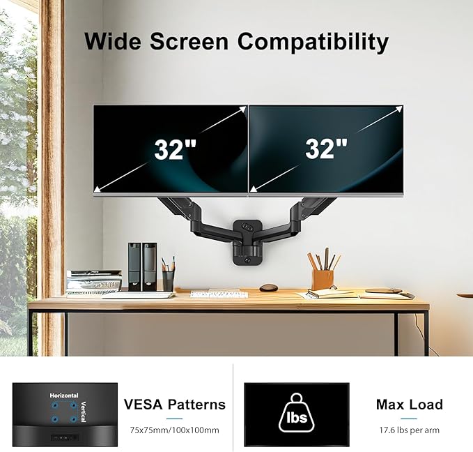 HUANUO Dual Monitor Wall Mount with Gas Spring Arms - 17-32 Inch Computer Screen Mount (4.4-17.6lbs Per Arm) - VESA 75x75/100x100 Height Adjustable Stand for Dual Monitors - Home Office Desk Setup-DeskLoop Office