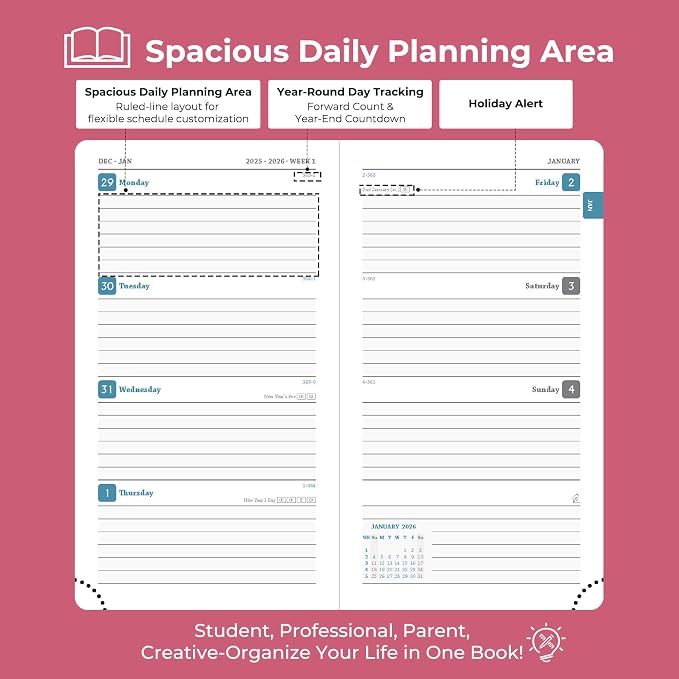 IN-LUXPRO Planner 2026 Daily Weekly and Monthly, 6.5"x3.75", 12 Months Spiral - Image 3