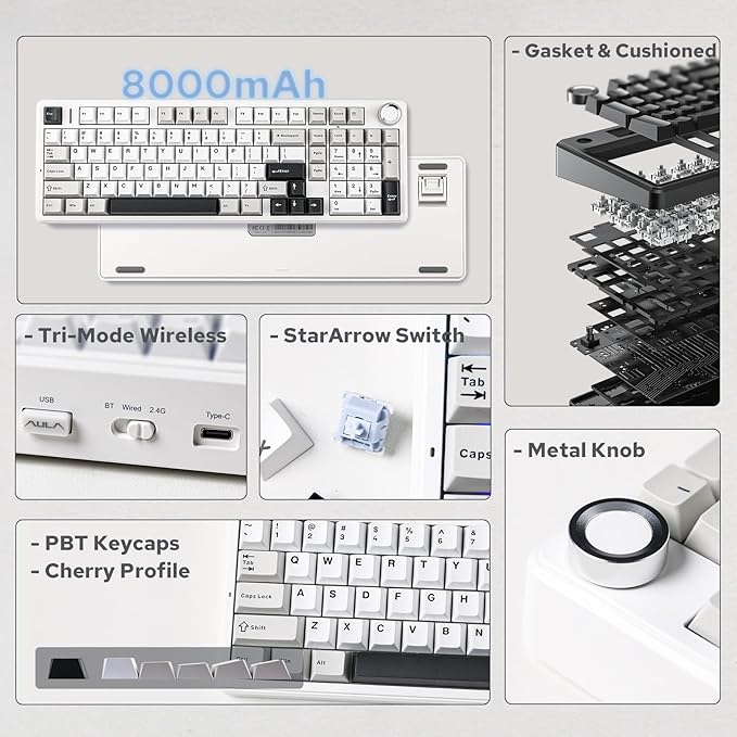 EPOMAKER X Aula F99 PRO Wireless Gaming Keyboard with 8000mAh Battery, Hot Swappable Creamy Keyboard, 2.4GHz/Type-C/BT5.0, NKRO, RGB Backlit for Win/Mac/Gaming (Black&Grey&White)-DeskLoop Office
