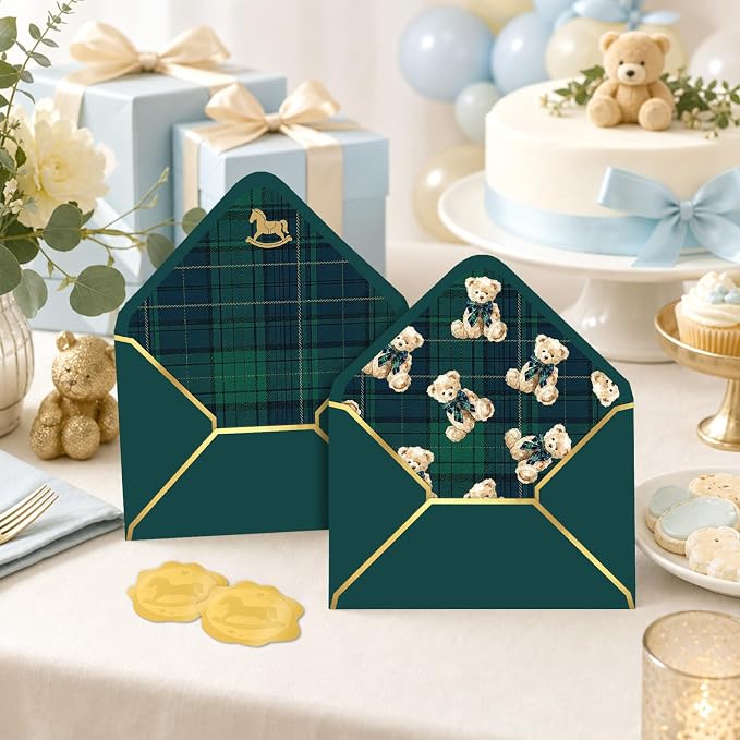 Whaline 50 Pcs Tartan Bear Envelopes Green Blue Plaids Bear Rocking Horse - Image 5