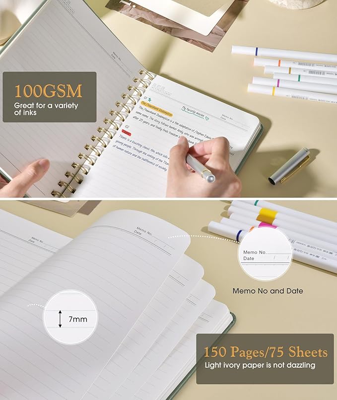 Lined Spiral Journal Notebook, A5 Hardcover Spiral Journals for Women Men, 150 Numbered Pages Spiral Bound Notebook, 100 GSM College Ruled Notebooks for Writing Note Taking 5.75" x 8.38", Sage Green-DeskLoop Office