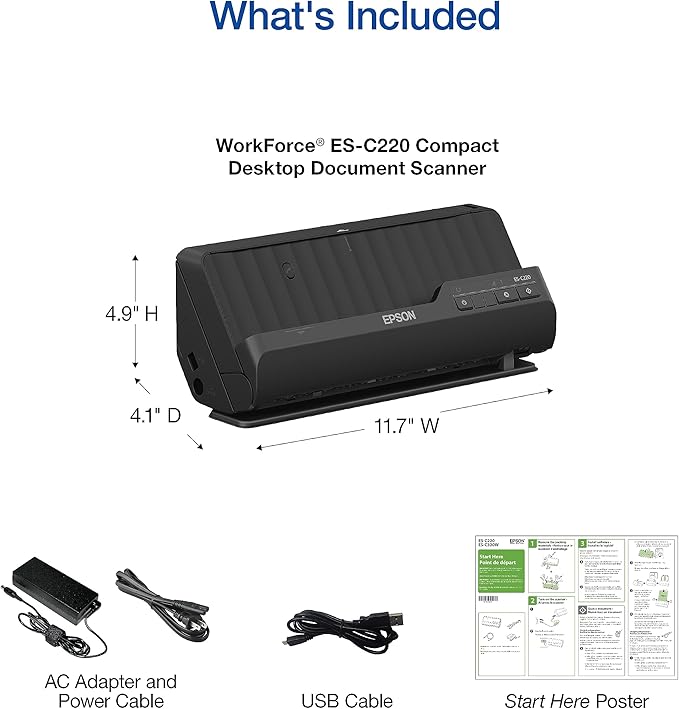 Epson Workforce ES-C220 Compact Desktop Document Scanner with 2-Sided Scanning and Auto Document Feeder (ADF) for PC and Mac-DeskLoop Office