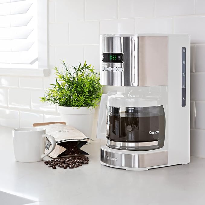 Kenmore drip Coffee Maker - 12 Cup programmable cafe machine with glass pot, regular & bold brew, auto shut off large water reservoir, reusable filter, kitchen appliances for cafeteria barista, White-DeskLoop Office