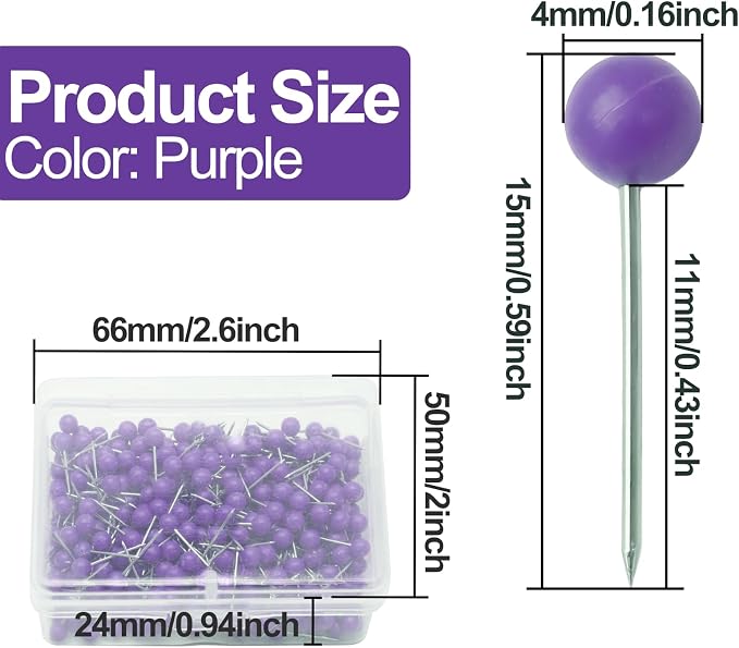 500Pcs Purple Map Pins, 1/8 Inch Map Tacks, Round Ball Head Map Push Pins - Image 2