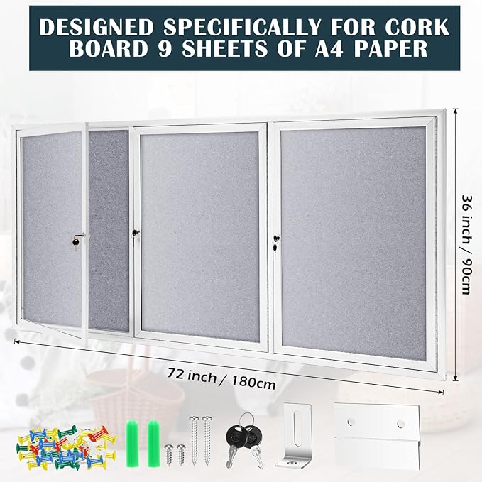 72" x 36" Enclosed Bulletin Board Outdoor 3 Door Weatherproof Tamper-Proof Enclosed Cork Board with Lock Aluminum Frame Display Case for Back to School, Office Commercial, 18xA4(Gray)-DeskLoop Office