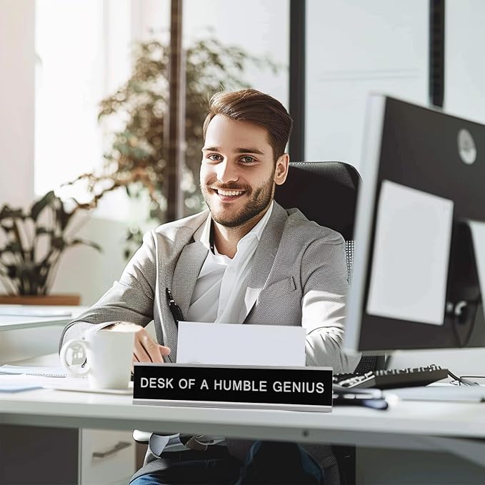 Desk of A Humble Genius Silver Funny Novelty Desk Signs - Image 3
