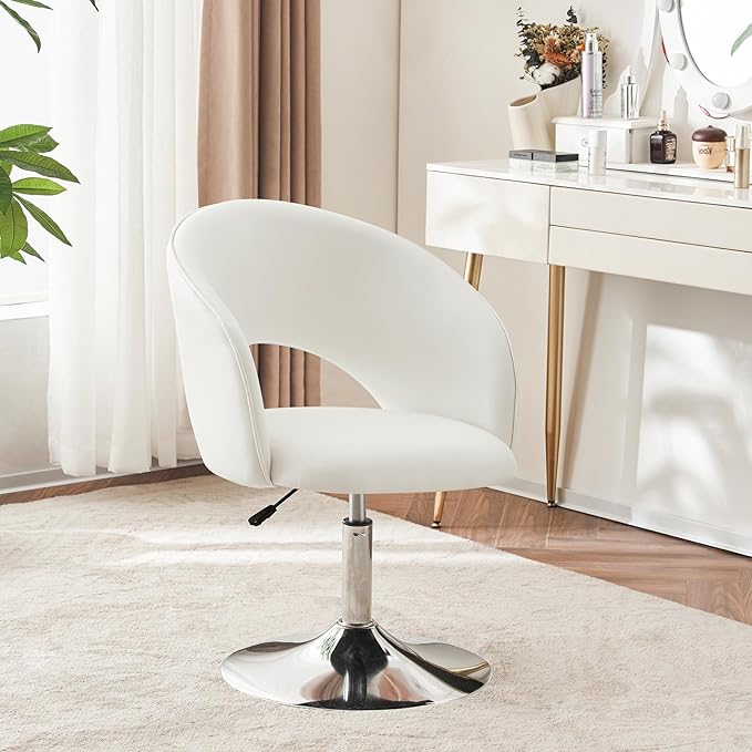 Furnimart Vanity Chair White Leather Vanity Stool, Height Adjustable Accent Chair with Back, Round Swivel Makeup Chair for Living Room Bedroom Vanity Makeup Room (PU White)-DeskLoop Office