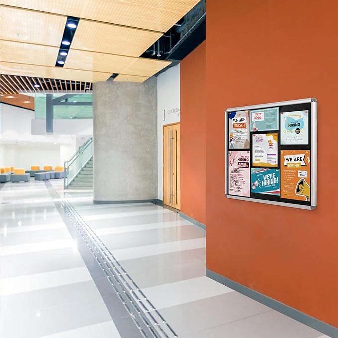 Enclosed Bulletin Board Lockable Display Case Message Board with Locking Door for Indoor, Black Felt, Silver Aluminum Frame, 28x26 inch (6xA4)-DeskLoop Office