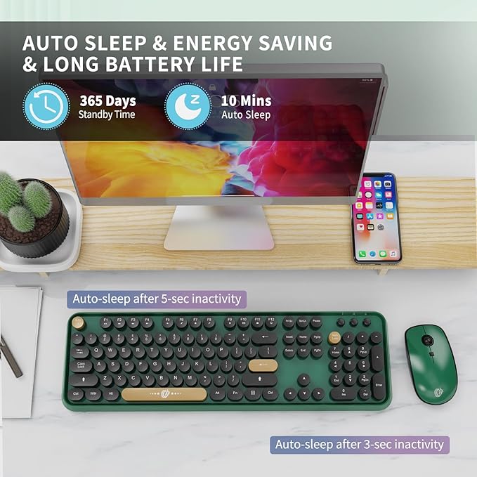 FOPETT Wireless Keyboard and Mouse Combo, 104 Keys Full-Sized 2.4 GHz Round Keycap Colorful Keyboards, USB Receiver Plug and Play, for Windows, Mac, PC, Laptop, Desktop (Black Green)-DeskLoop Office