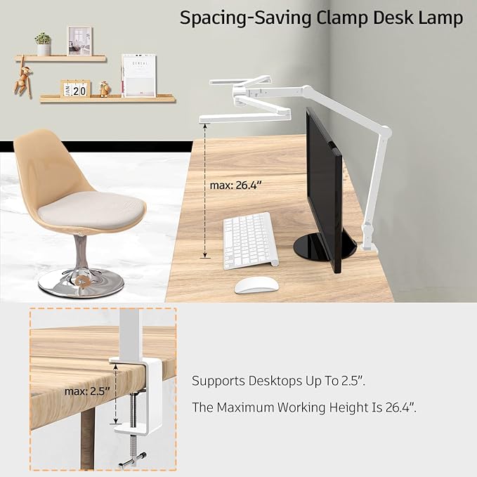 LED Desk Lamp for Home Office, 41.5" White Clip on Architect Desk Lamp with Clamp, 24W Adjustable Dimmable Bright Swing Arm Eye Care LED Table Light Clamp on Office Lighting-DeskLoop Office