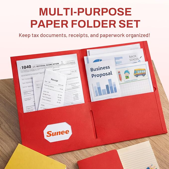 SUNEE Folders with Pockets, 2 Pocket Folders Fit Letter Size Paper, Paper File - Image 2