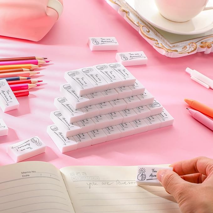 Fuutreo 100 Pcs Welcome Back to School Gifts for Students Inspirational Pencil Erasers Bulk You are Awesome White Cute Fun Erasers First Day of School Gifts Classroom Prizes from Teachers-DeskLoop Office