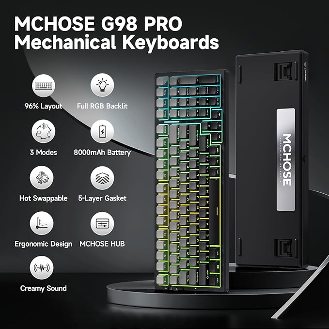 G98 PRO Wireless Mechanical Keyboard, Tri-Mode Connection Gaming Keyboard, Hot Swappable Custom Gasket Structure Pre-lubed Linear Switches Double Shot PBT Keycaps RGB LED Backlit Gradient Black-DeskLoop Office