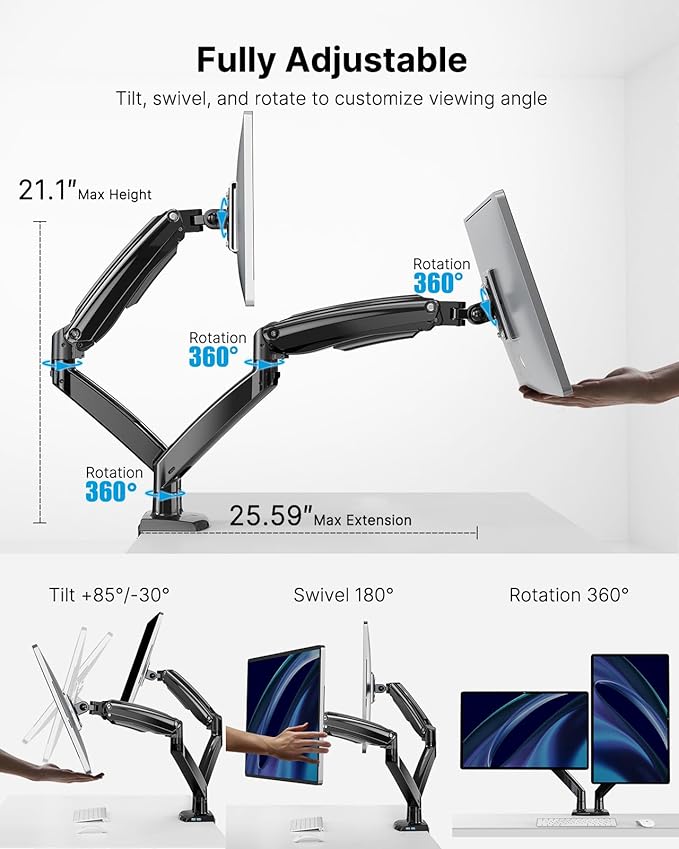 HUANUO Dual Monitor Stand for 13 to 40 inch, Premium Dual Monitor Mount with USB, Height Adjustable Monitor Stand for 2 Monitors, VESA Mount with Clamp/Grommet Base, Each Arm Hold up to 26.4lbs, HNDS7-DeskLoop Office