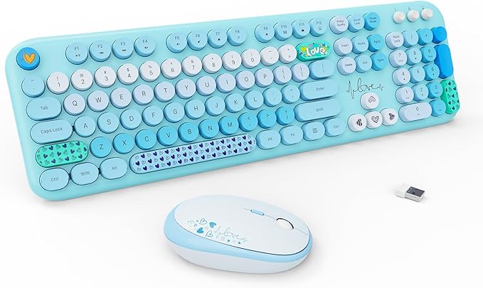 FOPETT Wireless Keyboard and Mouse Combo - 2.4G Full-Sized Cute Colorful Retro Keyboard with Round Keycaps 104 Keys Typewriter Keyboard for Laptop/Windows/PC-Blue Colorful-DeskLoop Office