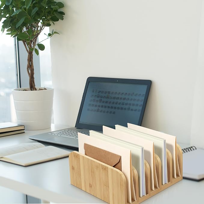 Lineshading Bamboo Letter Organizer, 5 Compartments Desk Mail Organizer - Image 5
