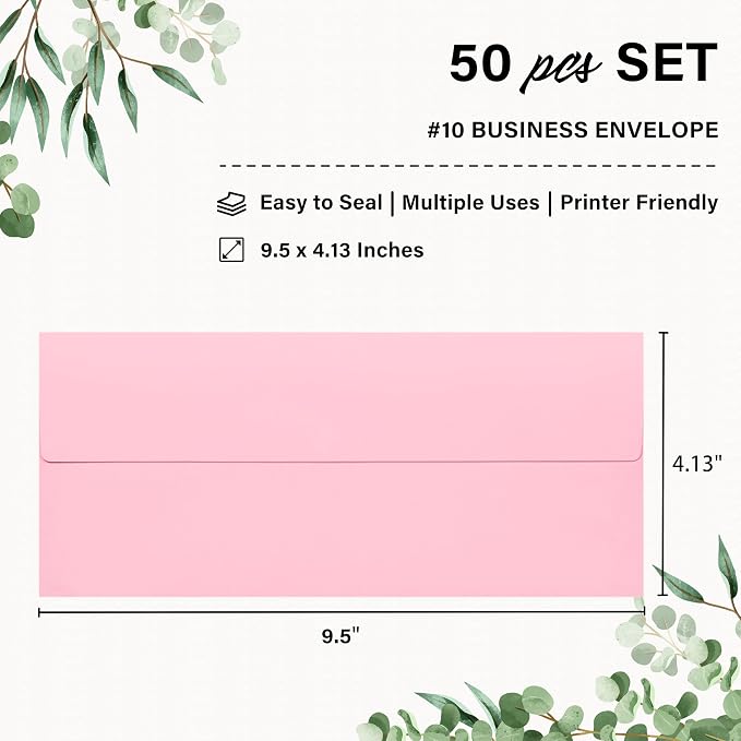 50 Pack #10 Business Envelopes, Self Seal Standard Pink Envelopes - Image 2