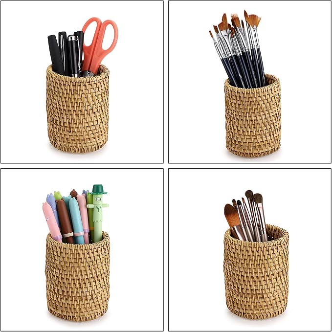 BTSKY Rattan Pen Cup, Handmade Desk Pencil Holders Makeup Brush Holder - Image 7