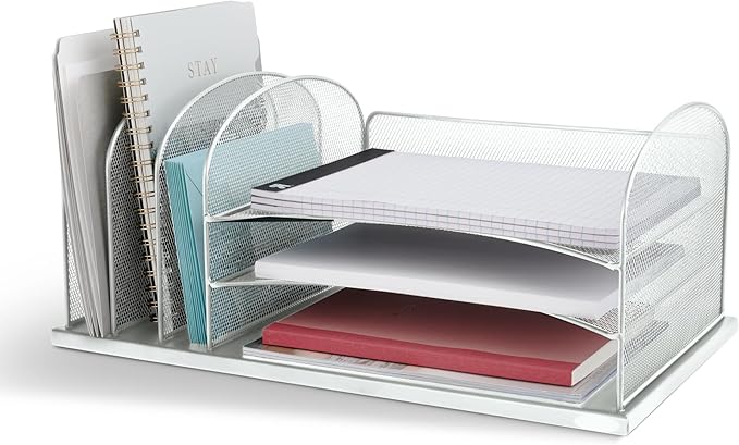 Safco Onyx Desk Organizer with 3 Horizontal and 3 Upright Trays, Durable Steel Construction, Silver-DeskLoop Office