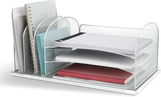 Safco Onyx Desk Organizer with 3 Horizontal and 3 Upright Trays, Durable Steel Construction, Silver-DeskLoop Office