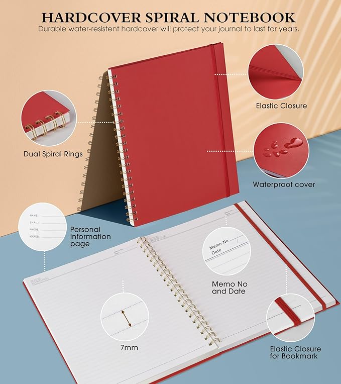 Spiral Notebook Journal 8.5” x 11”, A4 Large Notebooks for Women Men, College Ruled Lined Journal, 100 GSM Paper, Hardcover Spiral Bound Journals for Work School Writing Note Taking Business, Red-DeskLoop Office