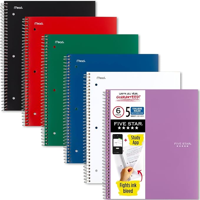 Five Star Spiral Notebook + Study App, 6 Pack, 5 Subject, College Ruled Paper by FiveStar