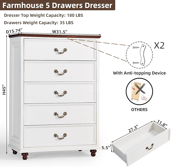 Farmhouse 5 Drawer Dresser for Bedroom, 45" Tall Rustic Chests of Drawers w/ 4 Solid Wood Feet, Mid Century Modern Wooden Closet Storage Dressers Organizer for Living Room, Hallway, White-DeskLoop Office