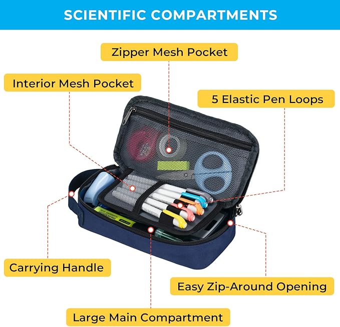 ECHSRT Big Pencil Case, Aesthetic Portable Zipper Pencil Bag with Hidden Pocket, Special Pouch for Men Women Adults, Stationery Organizer Pen Cases for Office Travel, Blue-DeskLoop Office