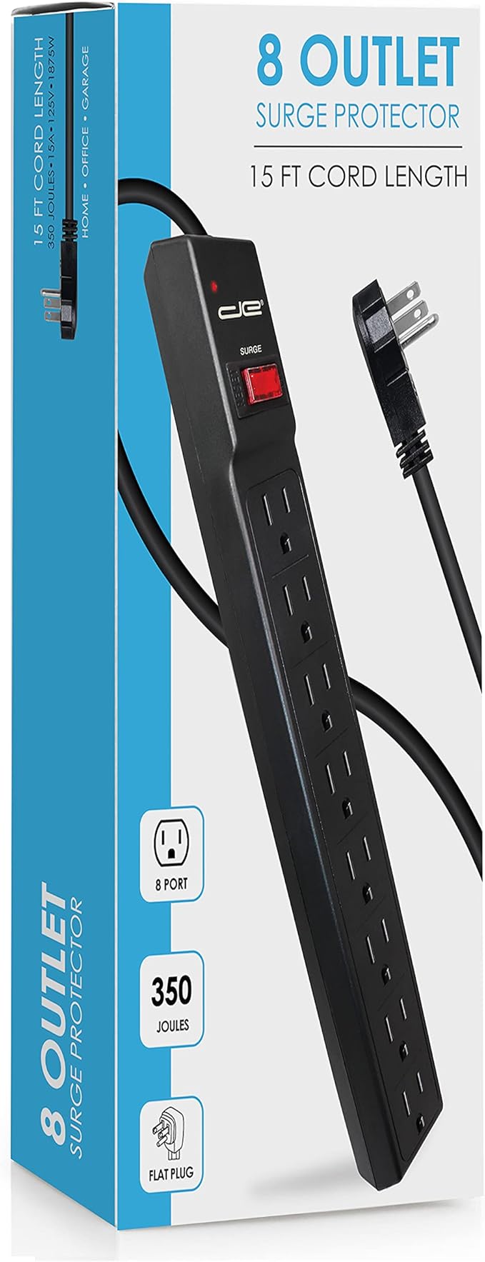 Digital Energy 15 FT 8 Outlet Surge Protector Power Strip - 15 AMP, 1875 W, 125 V, 350 J Surge Protection, ETL Listed - Flat Plug, Black-DeskLoop Office