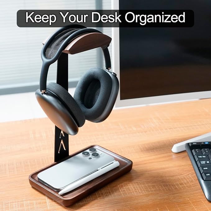 GEVO Headphone Stand, Walnut Wood Headset Stand - Image 2