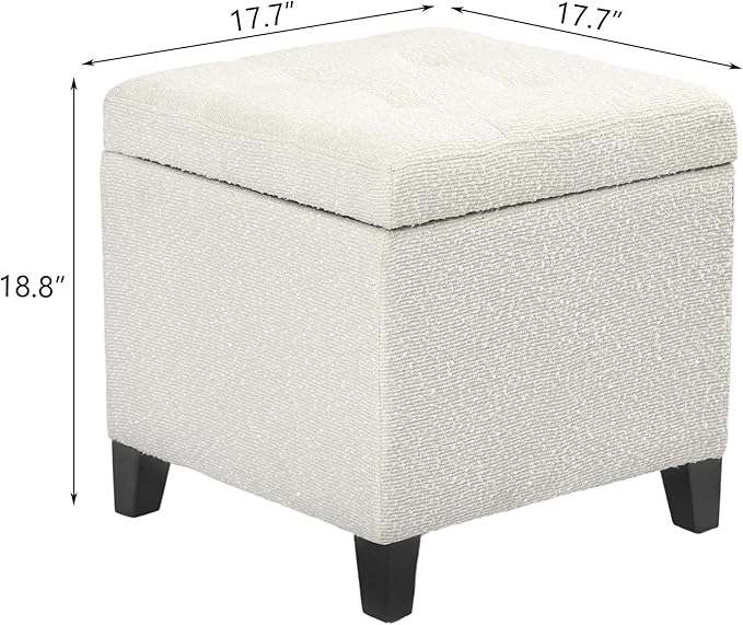 Adeco 18 Inch High Cube Ottoman Storage, Linen Chair Foot Stools, Upholstered Vanity Stool with Hinged Lid, Solid Wood Legs (White Circle Yarn)-DeskLoop Office