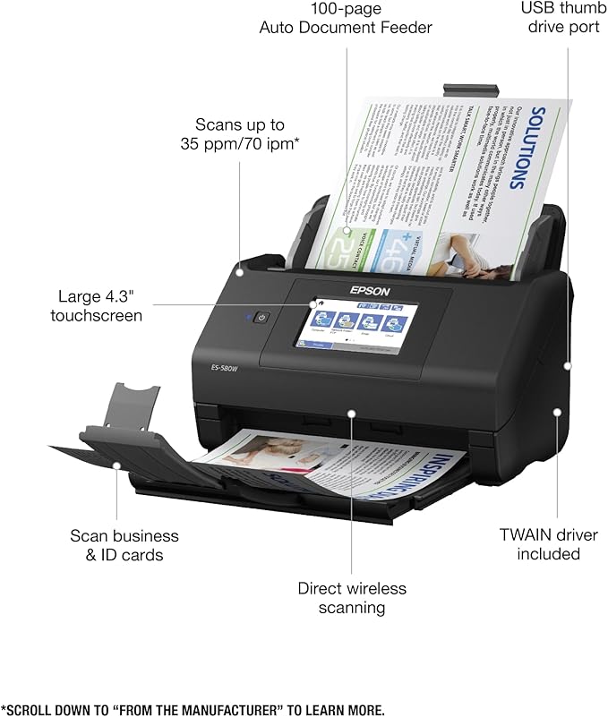 Epson Workforce ES-580W Wireless Color Duplex Desktop Document Scanner for PC and Mac with 100-sheet Auto Document Feeder (ADF) and Intuitive 4.3" Touchscreen-DeskLoop Office