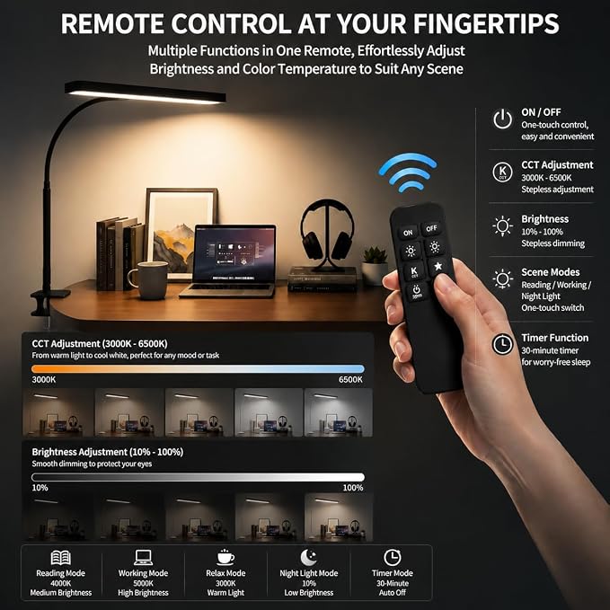 LED Desk Lamp with clamp, Remote Control Desk Lamp, 5 Color Modes & 10 - Image 2