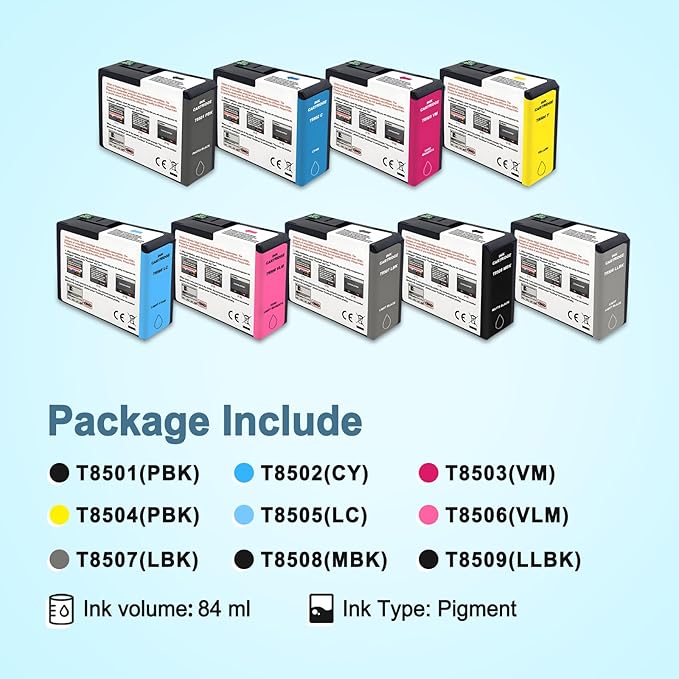 T850 Ink Cartridge UltraChrome HD T8501 T8502 T8503 T8504 T8505 T8506 T8507 T8508 T8509 Compatible for Surecolor P800 Printer (9 Pack)-DeskLoop Office