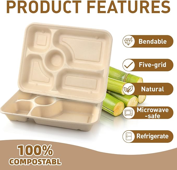 60Pack 5 Compartment Disposable Paper Plates - Image 2