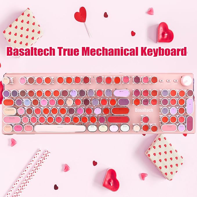 Basaltech Pink Keyboard Typewriter Style with White LED Backlight,Vintage Mechanical Gaming Keyboards with Lipstick Round Keycaps, Blue Switches 104-Keys Wired Keyboard Metal Panel for Laptop/pc-DeskLoop Office