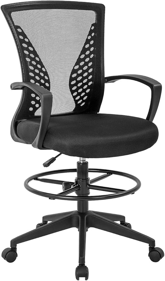Drafting Chair Tall Office Chair Standing Desk Chair Adjustable Height with Arms Foot Rest Back Support Rolling Swivel Desk Chair Mesh Drafting Stool for Adults-DeskLoop Office